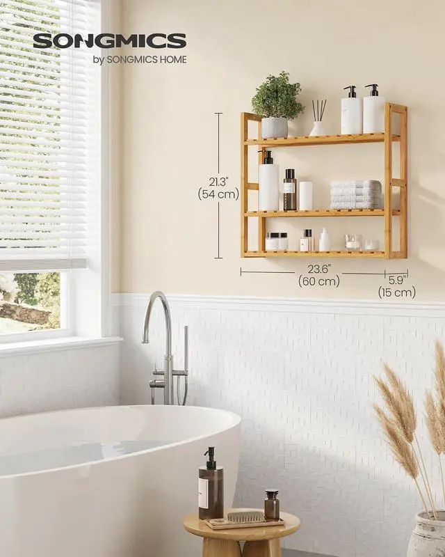 Alt view image 3 of 7 - SONGMICS Bamboo Bathroom Shelf, 3-Tier Adjustable Plants Rack, Wall-Mounted or Stand, in the Living Room, Balcony, Kitchen, 5.9 x 23.6 x 21.3 Inches, Natural UBCB13Y