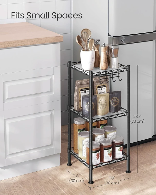 Alt view image 3 of 7 - SONGMICS Storage Shelf, Bathroom Shelf for Small Space, 3 Tier, Ink Black | Storage rack with 3 PP shelf liners, removable hook, extendable design, Translucent, ULGR103B01