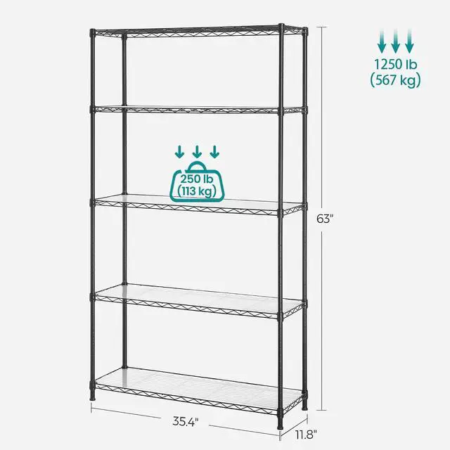 Alt view image 3 of 7 - SONGMICS 5-Tier Storage Shelves, Wire Shelving Unit, Kitchen Metal Shelves, Storage Rack with Adjustable Shelves, Shelf Liners, 8 Hooks, for Garage, 11.8 x 35.4 x 63 Inches, Black ULGR095B01