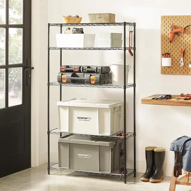 Alt view image 4 of 7 - SONGMICS 5-Tier Storage Shelves, Wire Shelving Unit, Kitchen Metal Shelves, Storage Rack with Adjustable Shelves, Shelf Liners, 8 Hooks, for Garage, 11.8 x 35.4 x 63 Inches, Black ULGR095B01