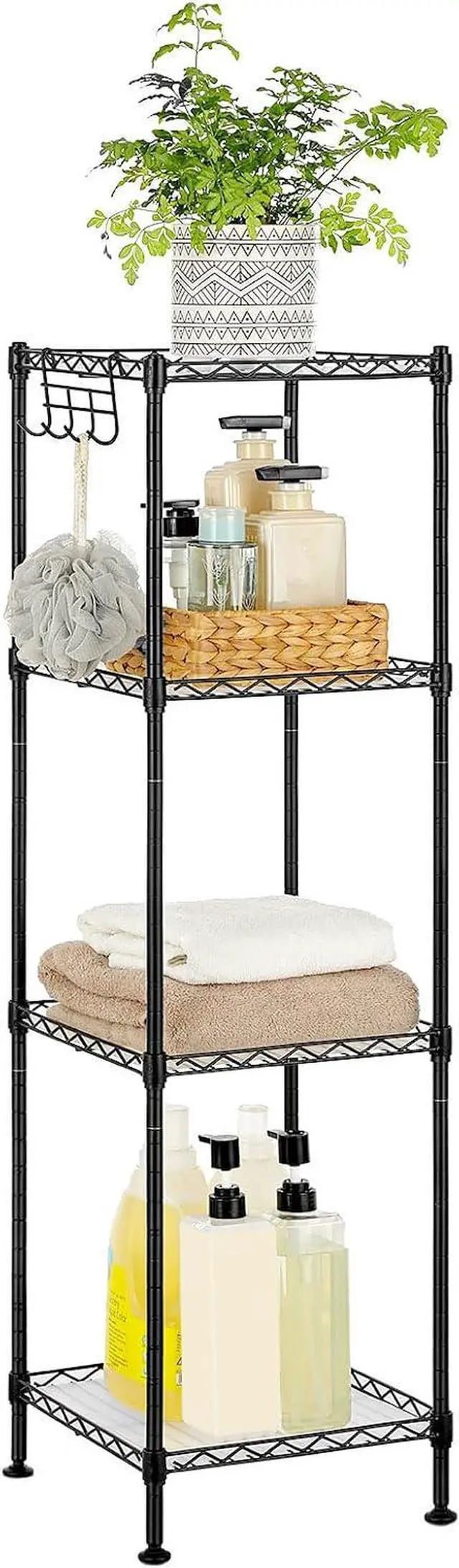 Main image of SONGMICS Storage Shelf, Bathroom Shelf for Small Space, 4 Tier | Storage rack for small space, 4 PP shelf liners, removable hook, extendable design, Ink Black and Translucent, ULGR104B01