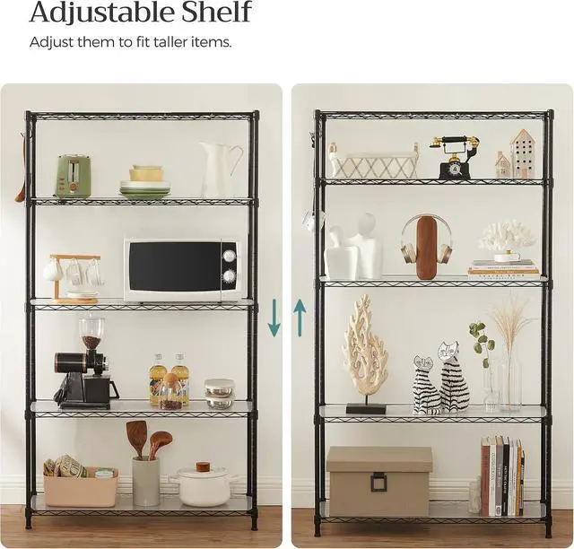 Alt view image 7 of 7 - SONGMICS 5-Tier Storage Shelves, Wire Shelving Unit, Kitchen Metal Shelves, Storage Rack with Adjustable Shelves, Shelf Liners, 8 Hooks, for Garage, 11.8 x 35.4 x 63 Inches, Black ULGR095B01
