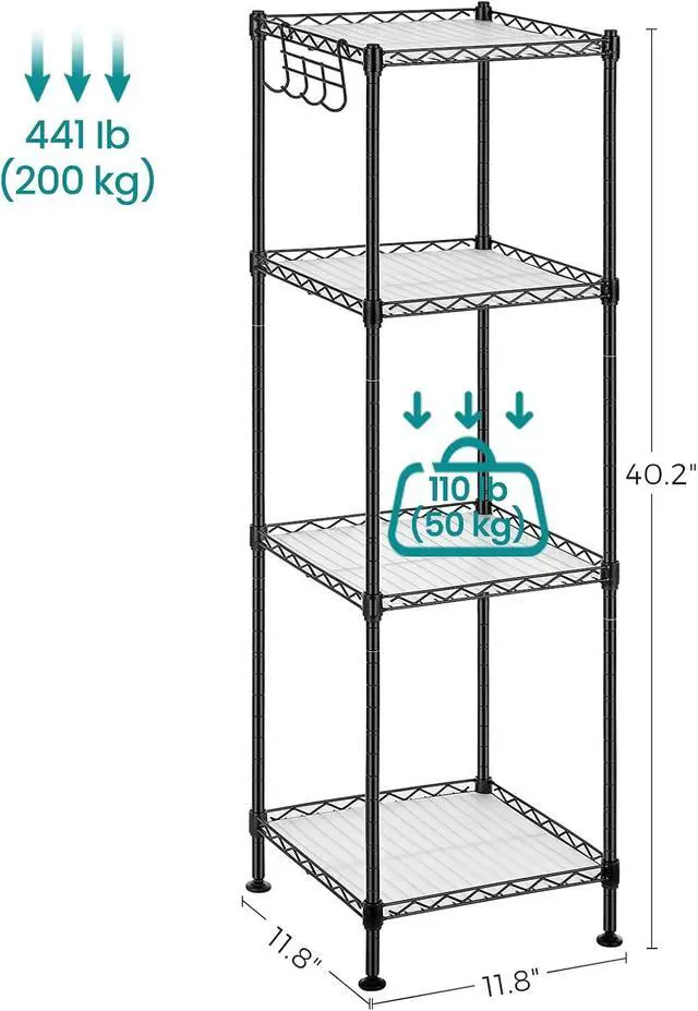 Alt view image 3 of 7 - SONGMICS Storage Shelf, Bathroom Shelf for Small Space, 4 Tier | Storage rack for small space, 4 PP shelf liners, removable hook, extendable design, Ink Black and Translucent, ULGR104B01