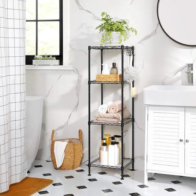 Alt view image 5 of 7 - SONGMICS Storage Shelf, Bathroom Shelf for Small Space, 4 Tier | Storage rack for small space, 4 PP shelf liners, removable hook, extendable design, Ink Black and Translucent, ULGR104B01