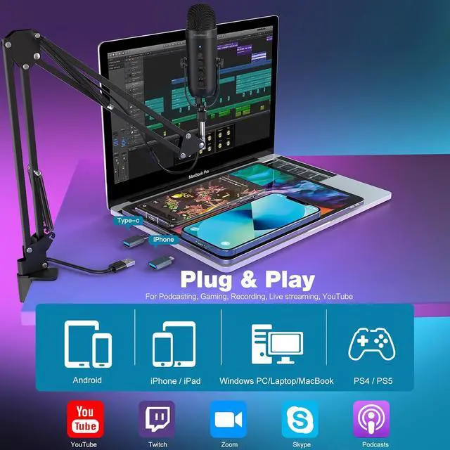 Alt view image 2 of 7 - ZealSound Podcast Microphone with Boom Arm, USB Mic with Noise Reduction, Mute, Echo & Volume Control, Zero-Latency Monitoring, Compatible with PC Mac iPhone & Android, for Podcasting Gaming YouTube