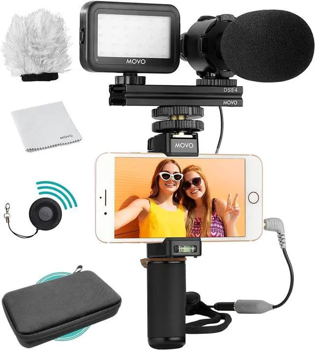 Main image of Movo Vlog Kit V7 - YouTube Starter Kit with Grip, Stereo Microphone, Light and Wireless Remote Vlogging Kit for iPhone, Android - iPhone Vlogging Kit