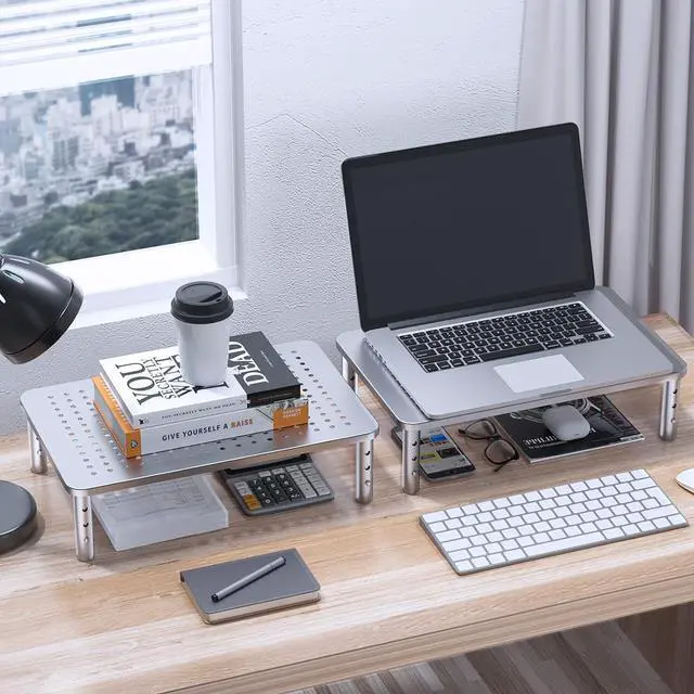 Alt view image 2 of 7 - HUANUO Monitor Riser - 3 Height Adjustable Stand for Laptop, Computer, iMac, PC, Printer, Desktop Ergonomic Metal Monitor Riser with Mesh Platform
