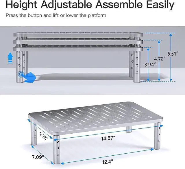 Alt view image 3 of 7 - HUANUO Monitor Riser - 3 Height Adjustable Stand for Laptop, Computer, iMac, PC, Printer, Desktop Ergonomic Metal Monitor Riser with Mesh Platform