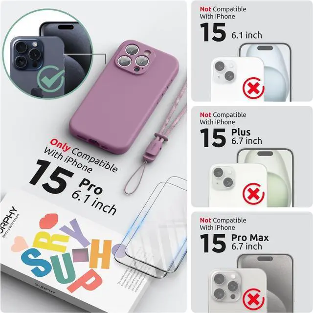Alt view image 2 of 7 - SURPHY Designed for iPhone 15 Pro Case with Screen Protector and Lanyard, Phone Strap and Liquid Silicone Phone Case (Camera Protective & Soft Microfiber Lining) 6.1 inch 2023, Lilac Purple