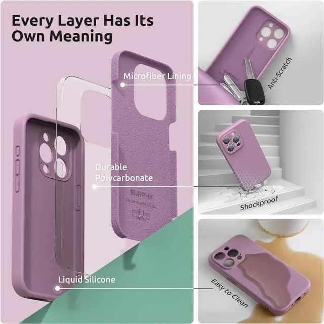 Alt view image 7 of 7 - SURPHY Designed for iPhone 15 Pro Case with Screen Protector and Lanyard, Phone Strap and Liquid Silicone Phone Case (Camera Protective & Soft Microfiber Lining) 6.1 inch 2023, Lilac Purple