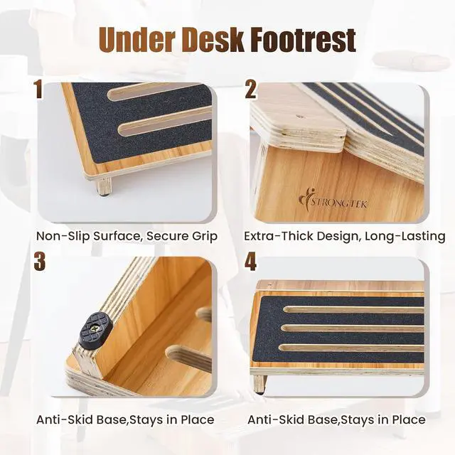Alt view image 6 of 7 - StrongTek Under-Desk Footrest, 4.5 in High, Non-Slip, 300 lb, Office Use | Improve Posture, Non-Slip Feet, Ergonomic, Sitting and Standing Desk Support, Calf Stretching