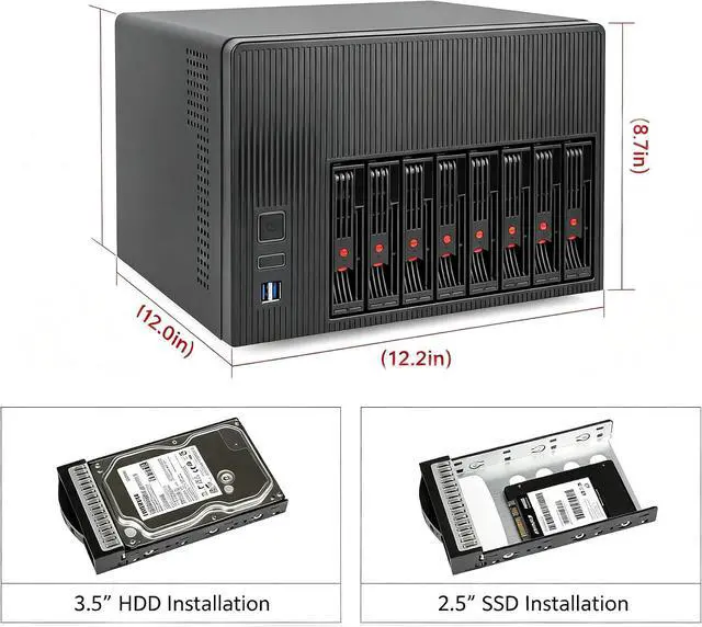 Alt view image 6 of 7 - K7 8 Bay NAS Case, Computer Enclosures Compatible Micro-ATX Mini-ITX Motherboard, 3 x Fans, 8 x 2.5/3.5" Tray, Network Attached Storage Server for Home(Diskless)