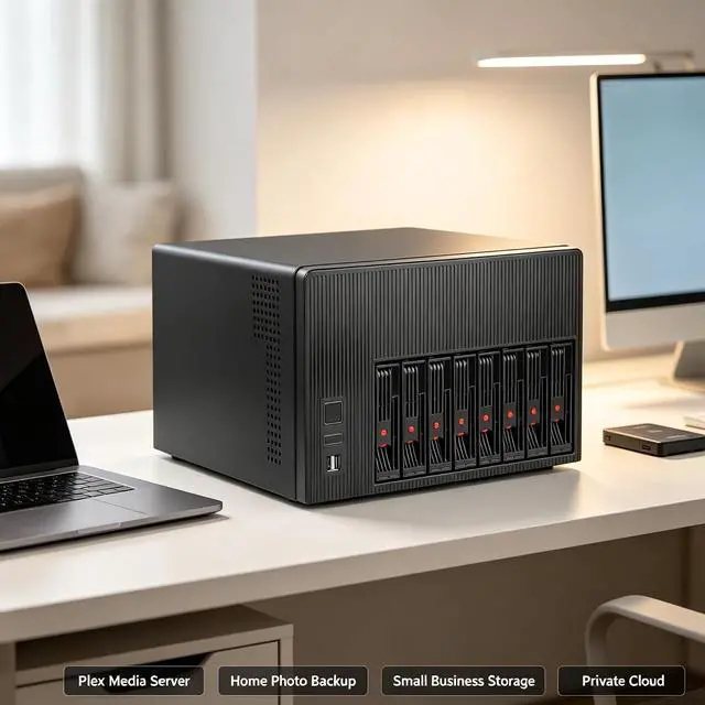 Alt view image 7 of 7 - K7 8 Bay NAS Case, Computer Enclosures Compatible Micro-ATX Mini-ITX Motherboard, 3 x Fans, 8 x 2.5/3.5" Tray, Network Attached Storage Server for Home(Diskless)