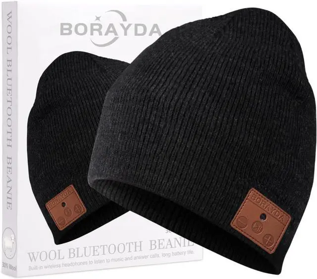 Main image of BORAYDA Merino Wool Bluetooth Beanie, HD Stereo,30 Hours Play Time,Built-in Microphone, Men's/Women's Christmas Electronic Gift (Black)
