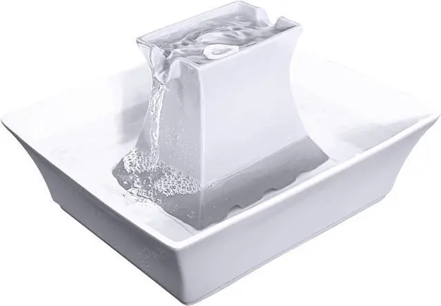 Main image of PetSafe Drinkwell Pagoda Fountain - 70 oz Ceramic, White - Filters Incl. | 2 Free-Falling Water Streams Encourage Hydration, Open Bowl Design, Replaceable Carbon & Foam Filters