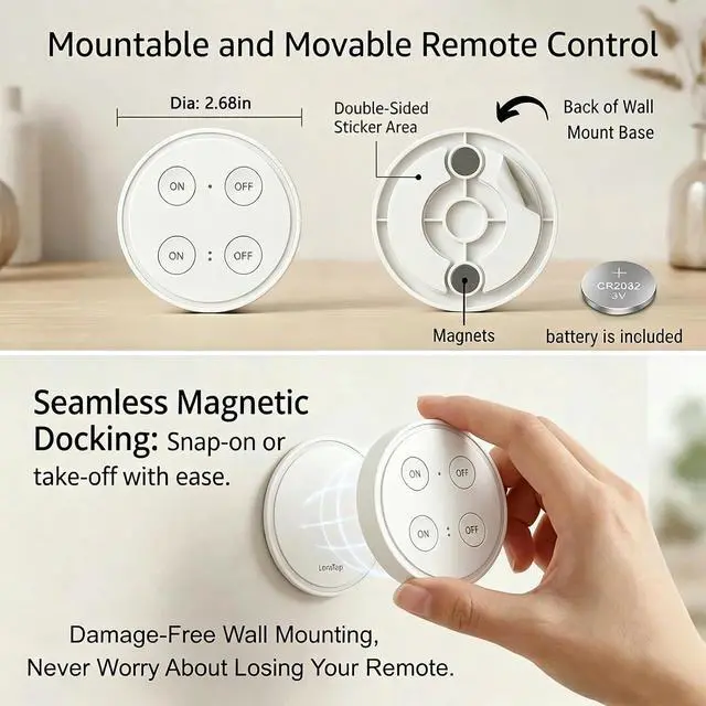 Alt view image 7 of 7 - LoraTap Wireless Outlet (2 Pack) - Ergonomic Round Remote (Comfort Grip!) + Magnetic Wall Base - Stick & Grab, No Wall Damage - 15A/1875W 100ft Range - Control for Hard-to-Reach Sockets