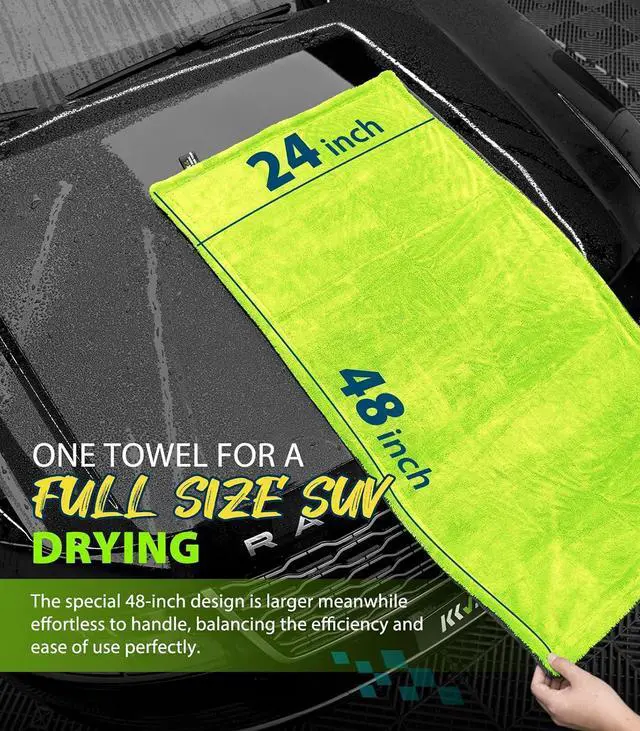 Alt view image 2 of 6 - KKV Full-Sized SUV Drying Towel, 48x24 Dual Sided Microfiber Car Cleaning Towel with Twisting Yarn Technique, 1400GSM Super Absorbent, Scratch-Free, Machine Washable (Darkgray-GreenYellow)