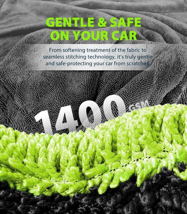 Alt view image 3 of 6 - KKV Full-Sized SUV Drying Towel, 48x24 Dual Sided Microfiber Car Cleaning Towel with Twisting Yarn Technique, 1400GSM Super Absorbent, Scratch-Free, Machine Washable (Darkgray-GreenYellow)