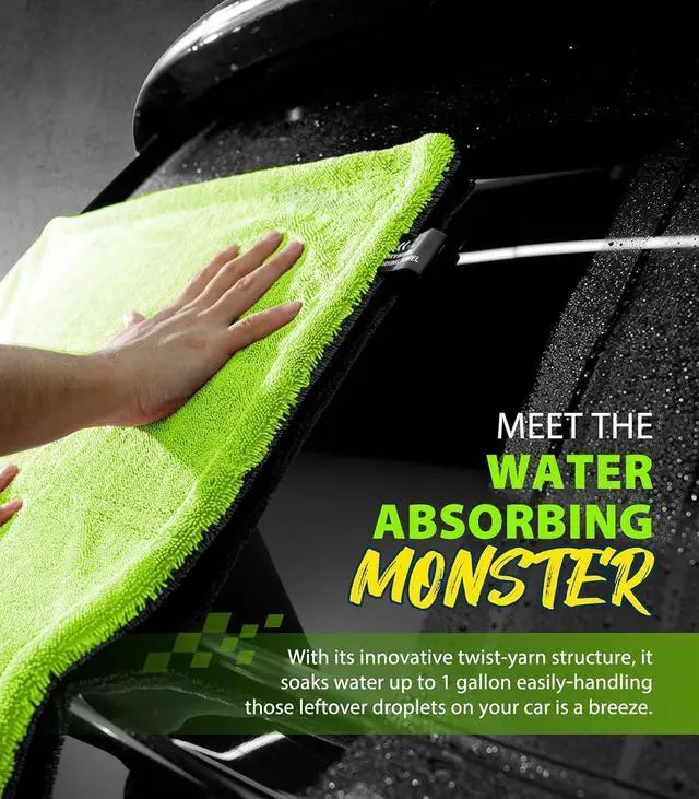 Alt view image 4 of 6 - KKV Full-Sized SUV Drying Towel, 48x24 Dual Sided Microfiber Car Cleaning Towel with Twisting Yarn Technique, 1400GSM Super Absorbent, Scratch-Free, Machine Washable (Darkgray-GreenYellow)