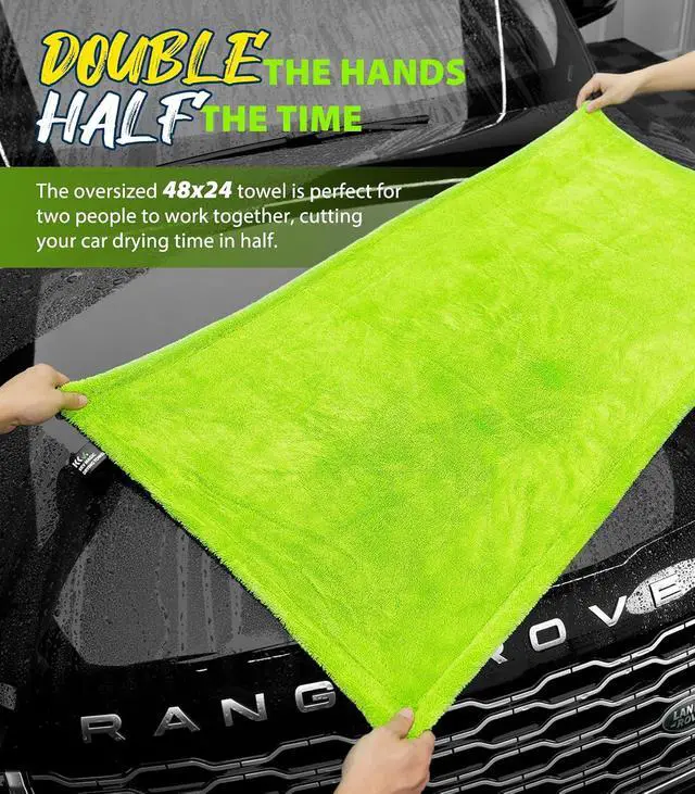 Alt view image 6 of 6 - KKV Full-Sized SUV Drying Towel, 48x24 Dual Sided Microfiber Car Cleaning Towel with Twisting Yarn Technique, 1400GSM Super Absorbent, Scratch-Free, Machine Washable (Darkgray-GreenYellow)