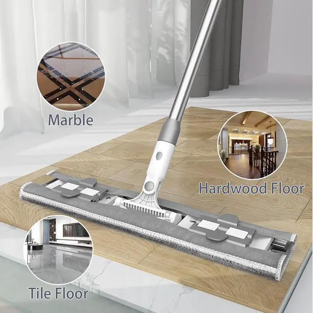 Alt view image 7 of 7 - Flat Microfiber Mop for Floor Cleaning, 15.7 in (40 cm) Aluminum Base, 4-Section Aluminum Handle 52 in, Dry & Wet Use, 4 Washable Pads, Debris Scraper LJGG (Gray/White)