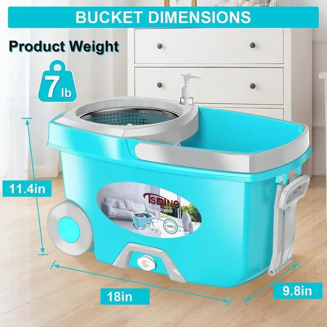 Alt view image 5 of 7 - FunClean Large Spin Mop Bucket Set with Wringer, 2 Gal Capacity, Blue | 2 Rolling Wheels, Pull Handle, 61-Inch Handle, 6 Mop Heads, Easy Wringing, For Family Homes, Hardwood, Laminate & Tile Floors