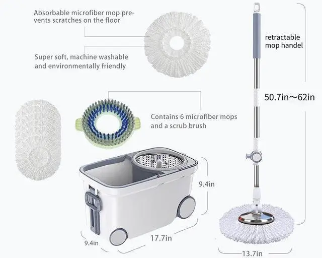 Alt view image 2 of 5 - Michao Spin Mop Bucket Deluxe 360 Spinning Floor Cleaning System with 6 Microfiber Replacement Head Refills,62" Extended Handle,4X Wheel for Home Cleaning