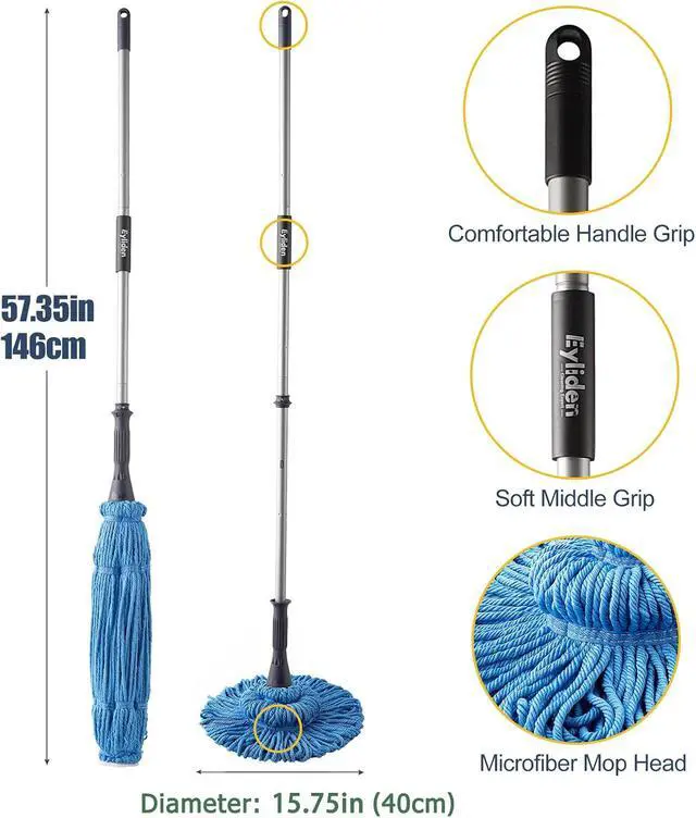 Alt view image 6 of 7 - Eyliden Mop with 2 Reusable Microfiber Heads, Easy Wringing Twist Mop | 57.5 inch Long Handle, Wet Mops for Floor Cleaning, Commercial Household Clean Hardwood, Vinyl, Tile and More