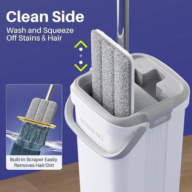 Alt view image 2 of 7 - BOSHENG Mop and Bucket Set, Flat Mops for Floor Cleaning, Wall Mop with 60" Extensible Handle, Hardwood Floor Mop with 2 Microfiber Pads