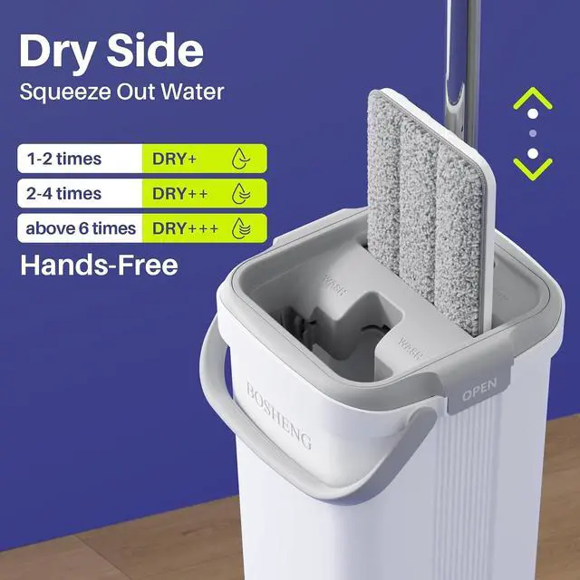 Alt view image 3 of 7 - BOSHENG Mop and Bucket Set, Flat Mops for Floor Cleaning, Wall Mop with 60" Extensible Handle, Hardwood Floor Mop with 2 Microfiber Pads