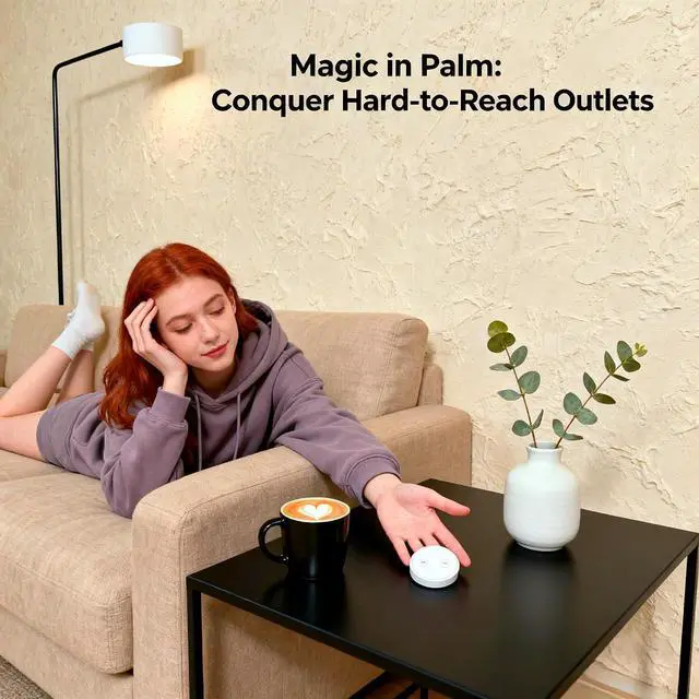 Alt view image 4 of 7 - LoraTap Wireless Outlet - Ergonomic Round Remote (Comfort Grip!) + Magnetic Wall Base - Stick & Grab, No Wall Damage - 15A/1875W 100ft Range - Control for Hard-to-Reach Sockets, No More Bending