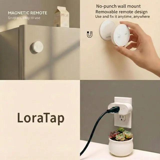 Alt view image 5 of 7 - LoraTap Wireless Outlet - Ergonomic Round Remote (Comfort Grip!) + Magnetic Wall Base - Stick & Grab, No Wall Damage - 15A/1875W 100ft Range - Control for Hard-to-Reach Sockets, No More Bending