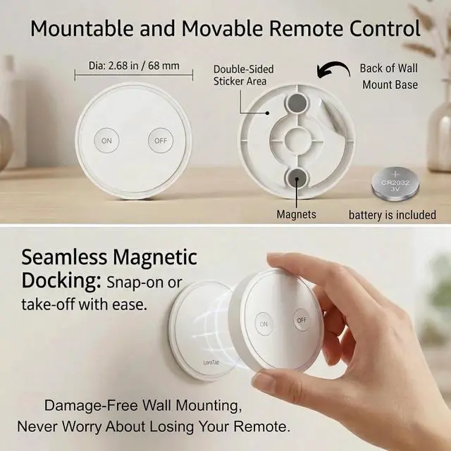 Alt view image 6 of 7 - LoraTap Wireless Outlet - Ergonomic Round Remote (Comfort Grip!) + Magnetic Wall Base - Stick & Grab, No Wall Damage - 15A/1875W 100ft Range - Control for Hard-to-Reach Sockets, No More Bending