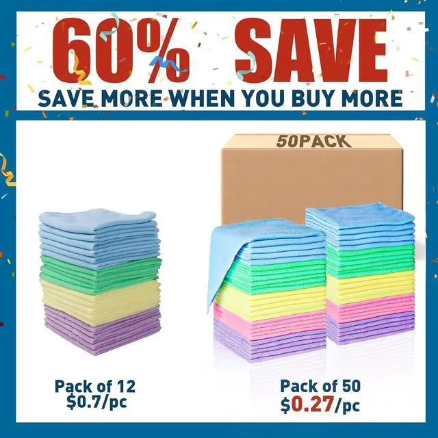 Alt view image 2 of 6 - TEAWOO Microfiber Cleaning Cloths-50 Pack, Microfiber Towels Bulk | Cleaning Towels for Cars & Home, Cleaning Rags, 5 Colors Assorted (12x12 inches)
