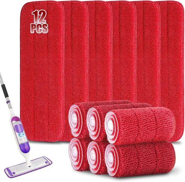 Main image of 12Pack Microfiber Mop Pads,Reusable and Washable Spray Mop Pads, Red | 18x 6 Inch, Wet and Dry Household Mop Pad Replacement, Set of 12(Red)