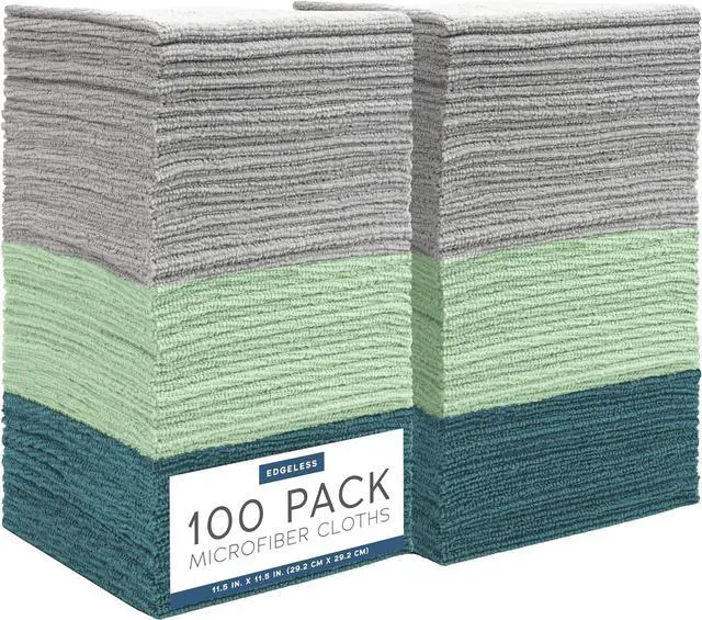 Main image of S&T INC. Microfiber Cleaning Cloth, 100 Pack, 11.5" x 11.5", Green | Edgeless Cleaning Cloth for Home and Car, Reusable and Multi-Purpose Cleaning Rags, Machine Washable