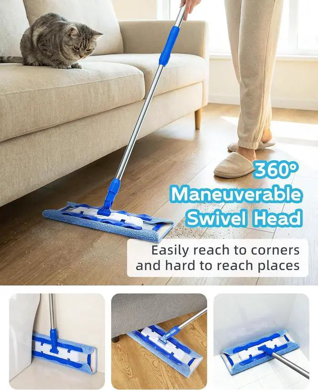Alt view image 3 of 7 - MR.SIGA Professional Microfiber Mop for Hardwood, Laminate Floor Cleaning | Stainless steel telescopic handle, 3 reusable microfiber flat mop refills and 1 dirt removal scrubber included