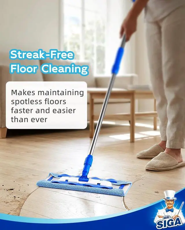 Alt view image 4 of 7 - MR.SIGA Professional Microfiber Mop for Hardwood, Laminate Floor Cleaning | Stainless steel telescopic handle, 3 reusable microfiber flat mop refills and 1 dirt removal scrubber included