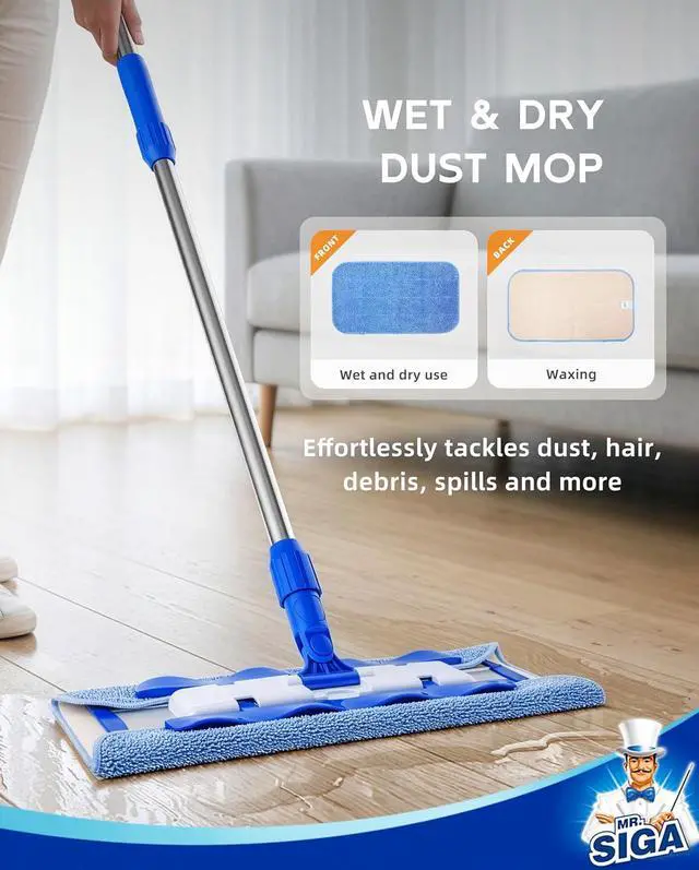 Alt view image 5 of 7 - MR.SIGA Professional Microfiber Mop for Hardwood, Laminate Floor Cleaning | Stainless steel telescopic handle, 3 reusable microfiber flat mop refills and 1 dirt removal scrubber included