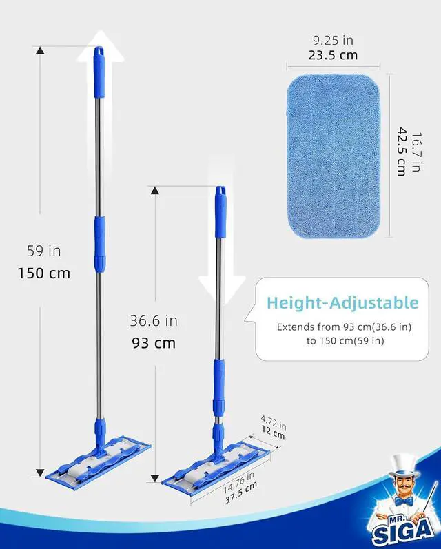 Alt view image 7 of 7 - MR.SIGA Professional Microfiber Mop for Hardwood, Laminate Floor Cleaning | Stainless steel telescopic handle, 3 reusable microfiber flat mop refills and 1 dirt removal scrubber included