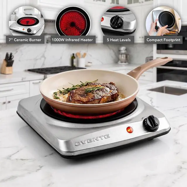 Alt view image 2 of 7 - OVENTE Electric Infrared Single Burner, 1000W Hot Plate, Silver BGI101S | 7 Ceramic Glass Cooktop, Stainless Steel, 5 Level Temperature Setting, Easy to Clean, Compact Stove for Home Dorm Office