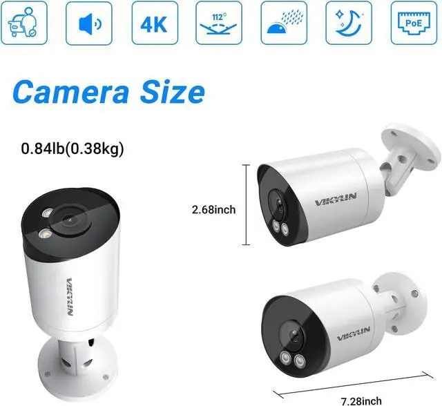 Alt view image 7 of 7 - VIKYLIN 4K 8MP Starlight PoE IP Camera Outdoor, 8MP Bullet PoE Camera with AI Human Vehicle Detection, 2.8mm Lens, Built-in Mic, MicroSD 256GB, WDR, IP67, Blue Iris, NDAA Compliant