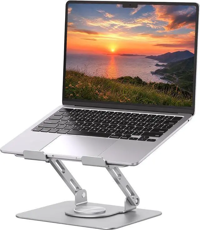 Main image of SOUNDANCE 360 Rotating Laptop Stand, Ergonomic Computer Riser for Desk, Adjustable Height Multi-Angle Metal Holder, Foldable Portable Notebook Elevating Base for Office & Home, Silver Grey
