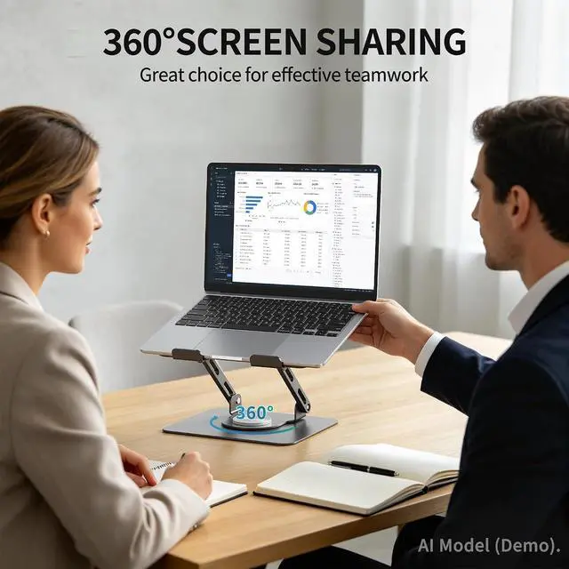 Alt view image 2 of 7 - SOUNDANCE 360 Rotating Laptop Stand, Ergonomic Computer Riser for Desk, Adjustable Height Multi-Angle Metal Holder, Foldable Portable Notebook Elevating Base for Office & Home, Silver Grey