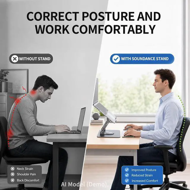 Alt view image 3 of 7 - SOUNDANCE 360 Rotating Laptop Stand, Ergonomic Computer Riser for Desk, Adjustable Height Multi-Angle Metal Holder, Foldable Portable Notebook Elevating Base for Office & Home, Silver Grey