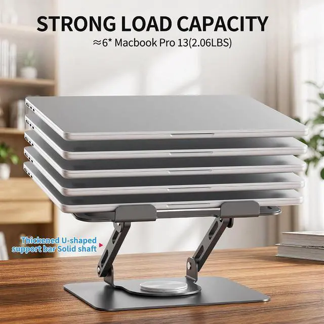 Alt view image 4 of 7 - SOUNDANCE 360 Rotating Laptop Stand, Ergonomic Computer Riser for Desk, Adjustable Height Multi-Angle Metal Holder, Foldable Portable Notebook Elevating Base for Office & Home, Silver Grey
