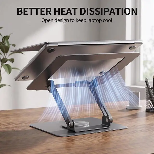 Alt view image 5 of 7 - SOUNDANCE 360 Rotating Laptop Stand, Ergonomic Computer Riser for Desk, Adjustable Height Multi-Angle Metal Holder, Foldable Portable Notebook Elevating Base for Office & Home, Silver Grey