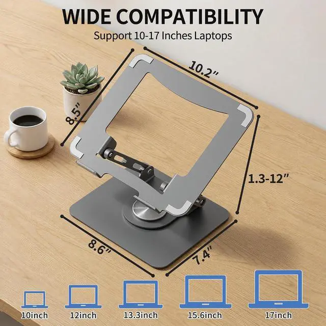 Alt view image 6 of 7 - SOUNDANCE 360 Rotating Laptop Stand, Ergonomic Computer Riser for Desk, Adjustable Height Multi-Angle Metal Holder, Foldable Portable Notebook Elevating Base for Office & Home, Silver Grey