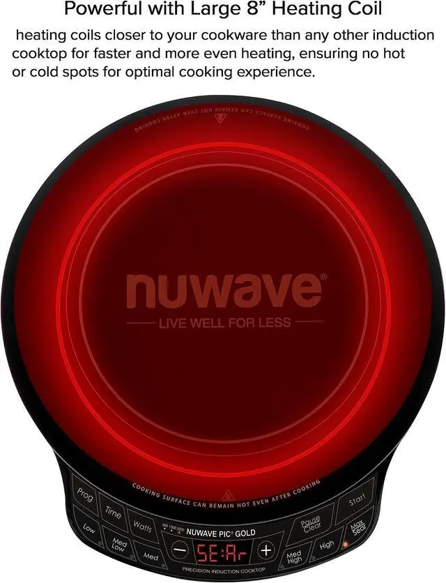 Alt view image 4 of 6 - Nuwave Precision Induction Cooktop Gold, 96 Temp Settings 100°F to 575°F | 12 Shatter-Resistant Ceramic Glass Surface, Large 8 Heating Coil, Portable, 3 Wattage Settings 700, 900, and 1500 Watts