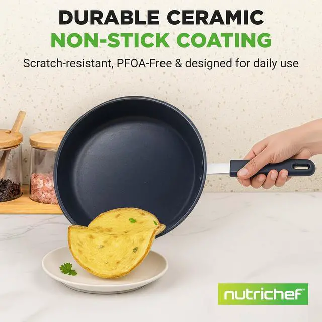 Alt view image 3 of 7 - NutriChef 10 Inch Non Stick Ceramic Coated Frying Pan, Aluminum Frying Pan with Silicone Handle, Stain-Resistant, PFOA Free Compatible with Gas, Electric, Induction, and Ceramic Cooktops